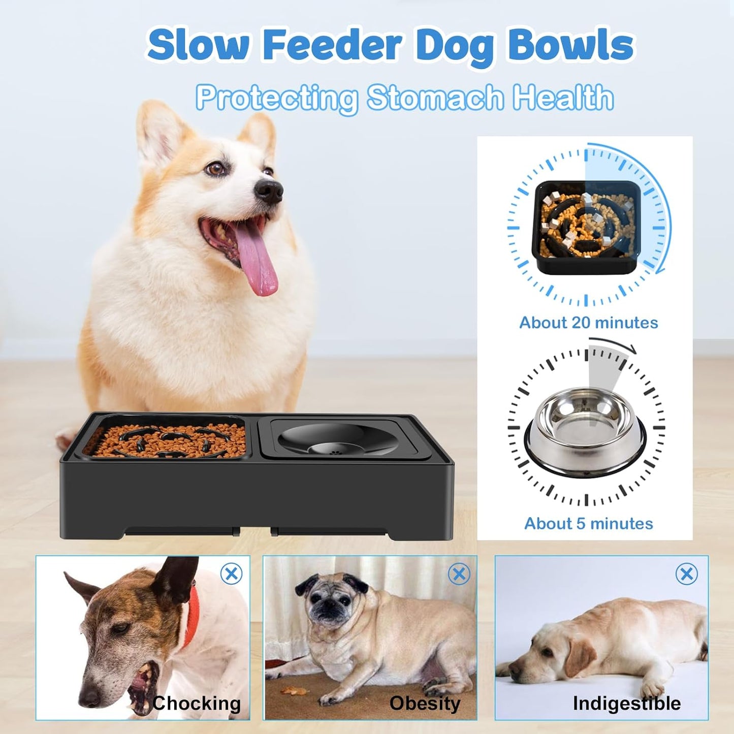 2-in-1 Elevated Slow Feeder Dog Bowls, 4 Height Adjustable Raised Dog Bowls Stand with No Spill Water Bowl, Non-Skid Pet Food Feeding Set for Small, Medium, Large Dogs Cats