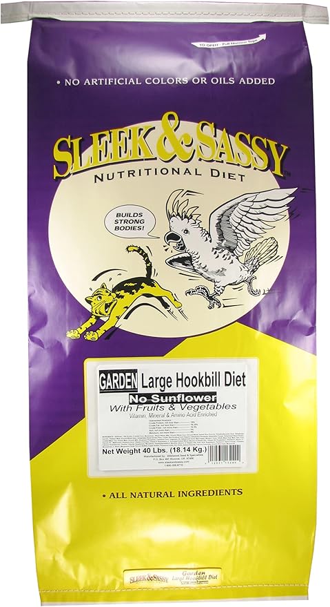 SLEEK & SASSY Garden Large Hookbill No Sunflower Parrot Food for Large Conures, Amazons, African Greys, Cockatoos, Pionus-Parrots & Small Macaws (40 lbs.)
