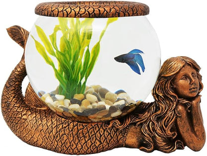 Mystical Mermaid Decorative Fish Bowl – 1 Gallon Glass Aquarium, Terrarium, or Candle Holder | Gold Antiqued Mermaid Figurine with Bowl, Accent Ring & River Rocks – Tabletop Home Décor Gift