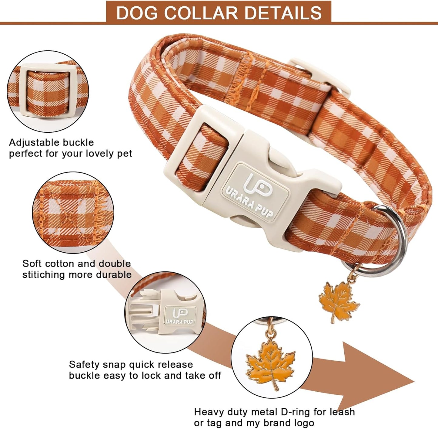 Fall Plaid Dog Collar with Maple Leaf Charm – Adjustable Autumn Checkered Dog Collar for Small Medium Large Dogs, Soft Cotton Puppy Collars with Quick Release Buckle and Metal D-Ring