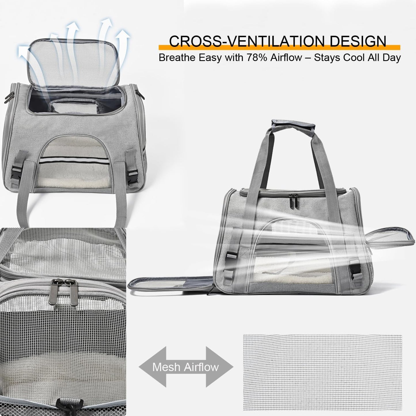Dog Cat Carrier Soft for Small Pet Up to 16 Lbs TSA Airline Approved Travel Carrier Collapsible Puppy Car Mesh Bag 17.5 * 10.2 * 11.4 inch - Grey