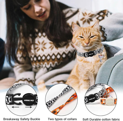 ARING PET 2 Pack Halloween Cat Collars, Breakaway Orange Black White Cotton Kitten Collar with Bells for Girl Boy Cats Ghost Spider Web