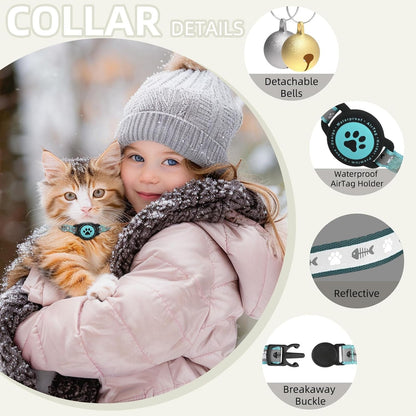 Waterproof Airtag Cat Collar, Reflective Cat Airtag Collar with Bell, Breakaway Cat Collar AirTag Holder, Lightweight Kitten Collar for Apple Air tag, Cat GPS Collars for Girl Boy Cats, Kitten (Teal)