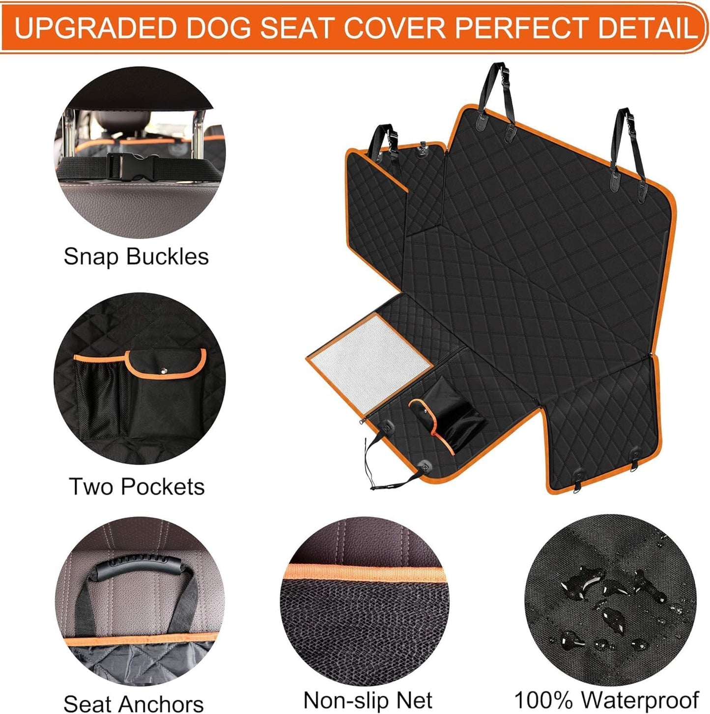 Femuar Dog Car Seat Cover, Waterproof Nonslip Pet Seat Cover for Back Seat with Storage Pockets Mesh Visual Window, Scratch Proof Pet Dog Seat Cover Hammock for Cars Trucks and SUVs, XL-Orange