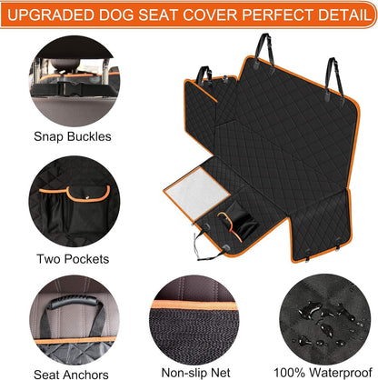 Femuar Dog Car Seat Cover, Waterproof Nonslip Pet Seat Cover for Back Seat with Storage Pockets Mesh Visual Window, Scratch Proof Pet Dog Seat Cover Hammock for Cars Trucks and SUVs, XL-Orange