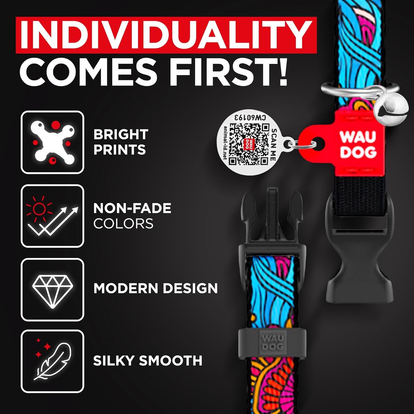 WAUDOG Nylon Cat Collar with Removable Bell and QR ID Tag for Small, Medium and Large Breeds Adjustable Long Lasting Durable Kitten Collars Boy & Girl