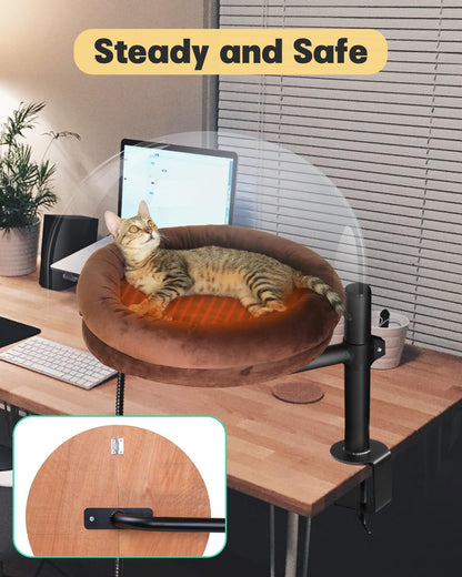 Cat Bed for Desk,Keeps Kitten Close and Workspace Clear Cat Bed,Height Adjustable and Rotatable,Drilling-Free(Heated Brown,18.5" Lx17.5 Wx17.5 W)