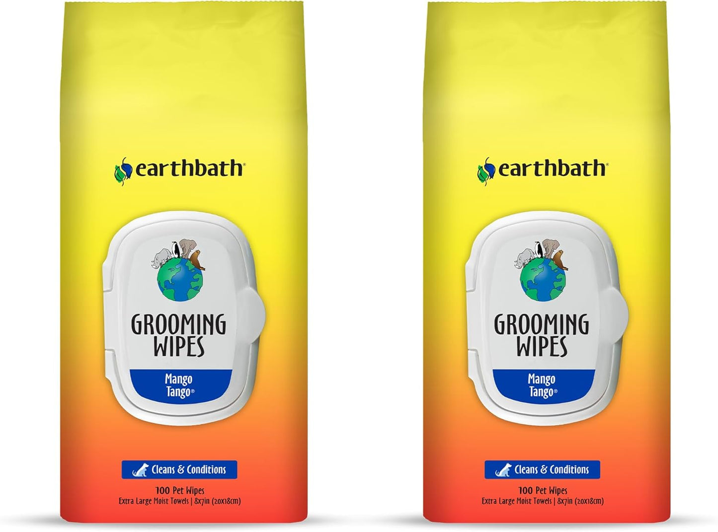 earthbath, Mango Tango Grooming Wipes - Dog Wipes for Paws and Butt, Best Pet Wipes for Dogs & Cats, Made in USA, Cruelty-Free Dog Cleaning Wipes, Removes Dirt & Dander - 100 Count (2 Pack)
