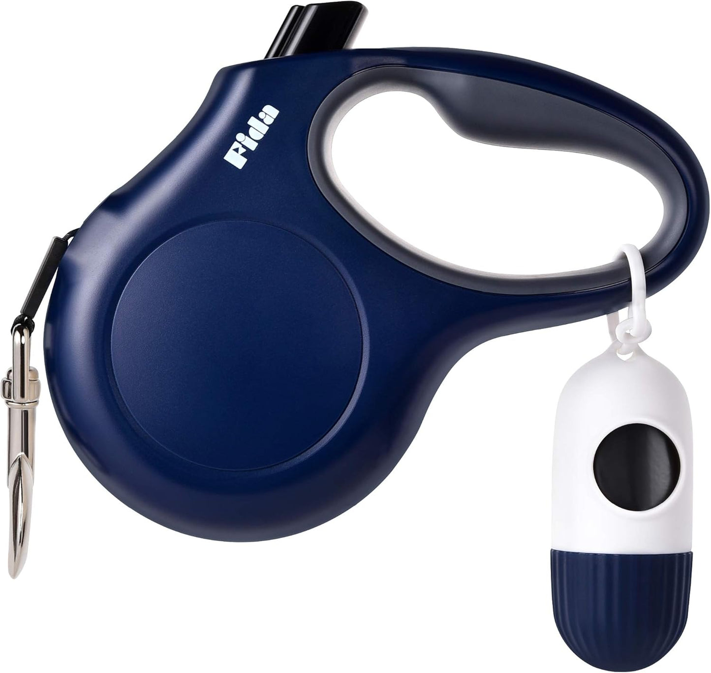 Fida Retractable Dog Leash with Dispenser and Poop Bags, 16 ft Pet Walking Leash for Large Dog up to 110 lbs, Anti-Slip Handle, Tangle-Free, Reflective Nylon Tape (L, Navy Blue)