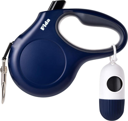 Fida Retractable Dog Leash with Dispenser and Poop Bags, 16 ft Pet Walking Leash for Large Dog up to 110 lbs, Anti-Slip Handle, Tangle-Free, Reflective Nylon Tape (L, Navy Blue)