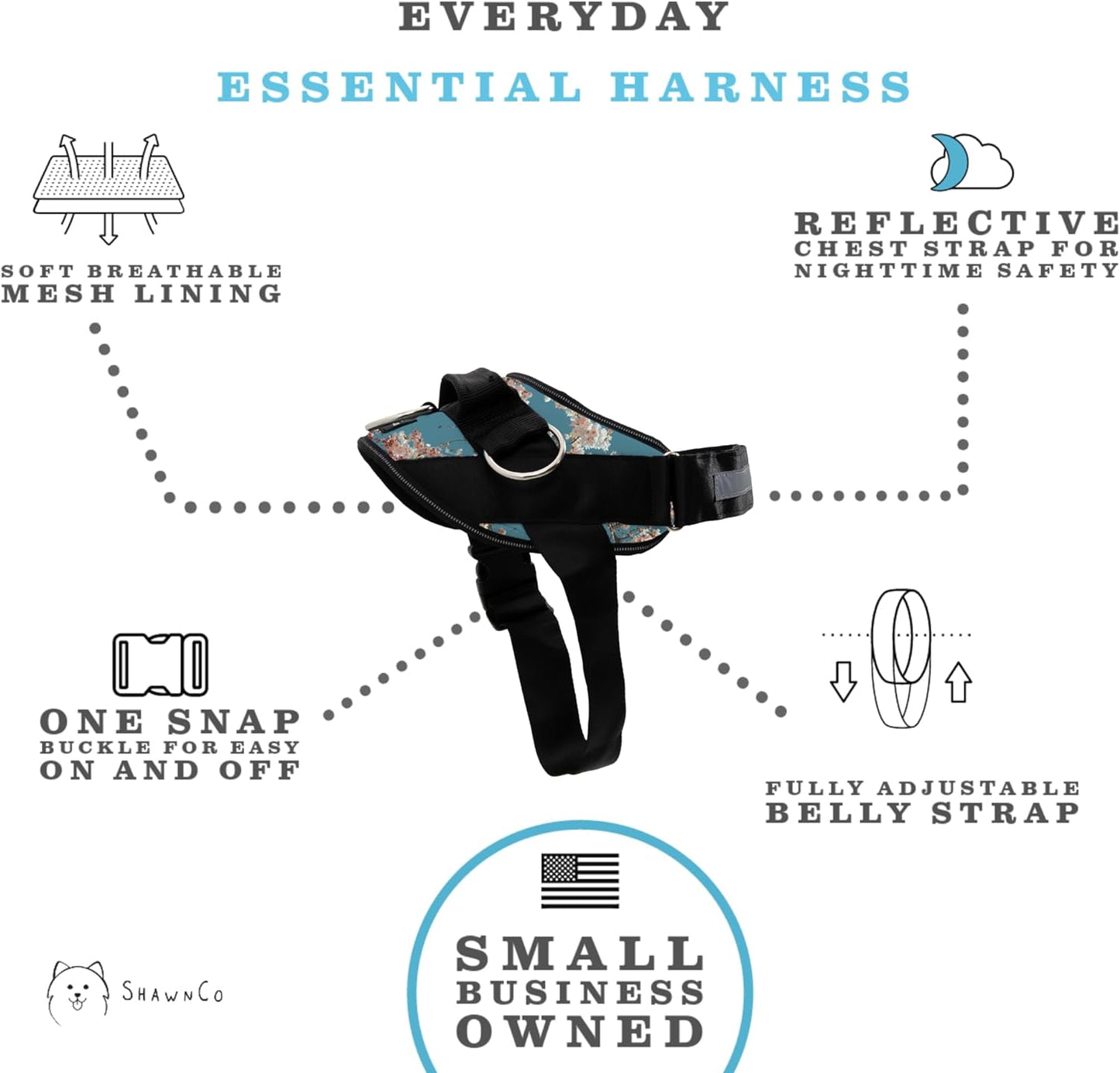 ShawnCo Essential Dog Harness, No-Pull Pet Vest with 3 Leash Clips, No Choke, Reflective, Adjustable and Padded, for Easy Walking and Training for Small, Medium and Large Dogs (Freckle's Garden, M)