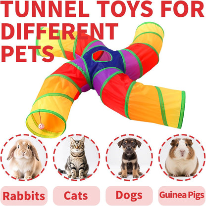 Pet Cat Tunnel, 4 Way Tunnels for Indoor Cats, Collapsible Pet Tunnel for Kitten, Puppy, Rabbit, 25cm-Wide Tunnels, Durable & Breathable, with Peek Hole Toy Ball
