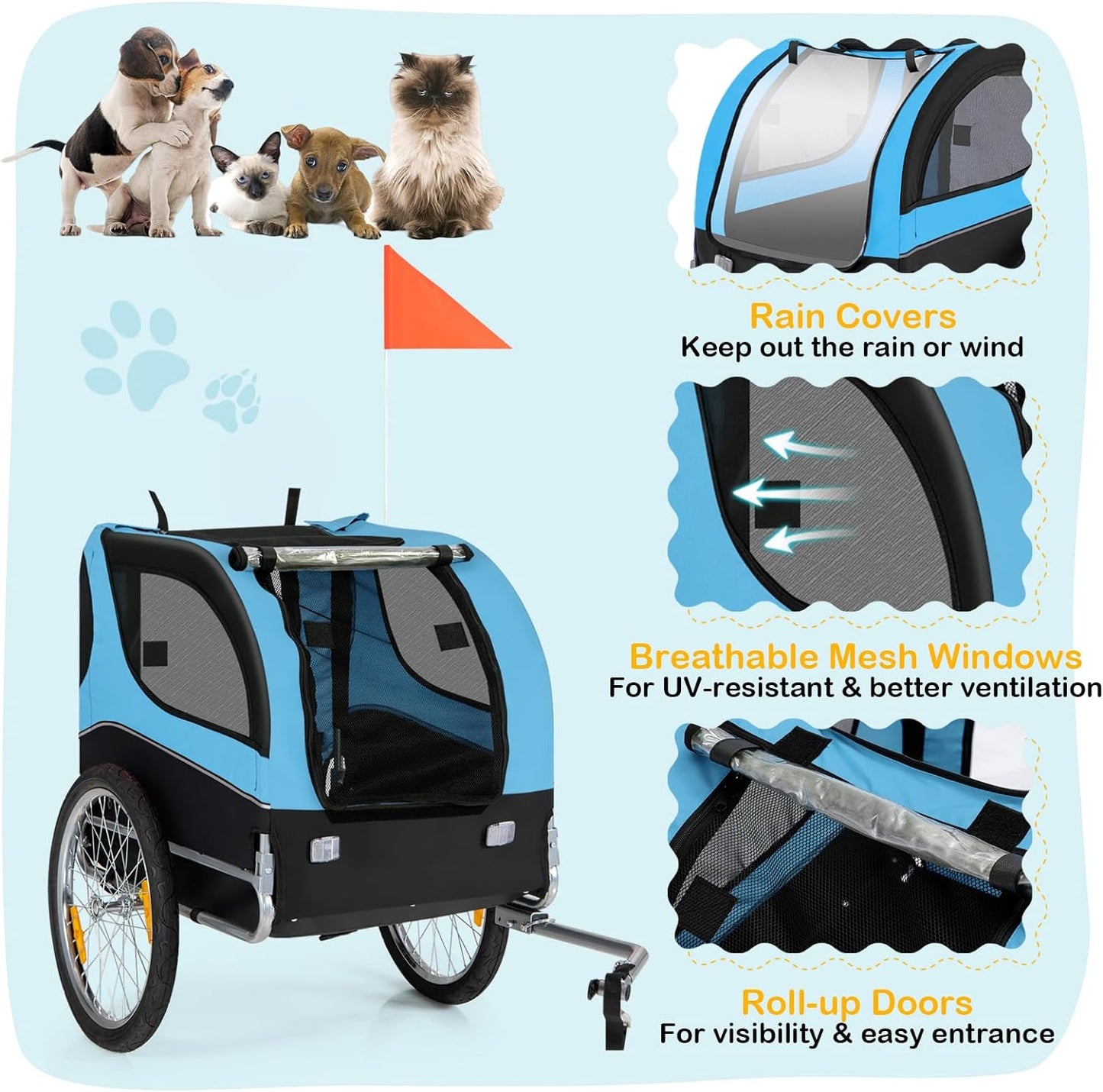Dog Bike Trailer - HAPPAWS Dog Trailer for Bicycle, Cargo Cycle Trailers Wagon Cart Pet Bike Carrier w/ 3 Doors, Aluminum Wheels, Safety Flag, Easy to Connect&Disconnect, Collapsible to Store