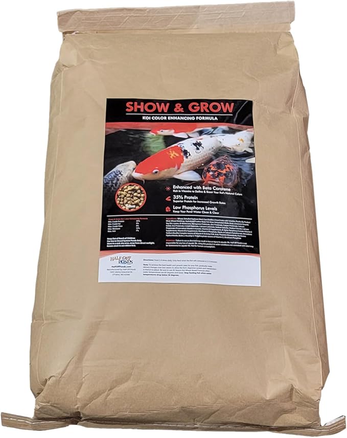 HALF OFF PONDS Show & Grow Koi Fish Food - 50 lb Floating Pellets, 3mm Size - Goldfish Food for Ponds - 35% Protein with Beta Carotene & Vitamins - Enhances Color Vibrancy & Body Definition