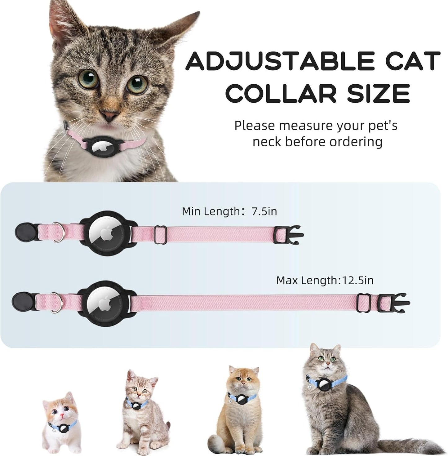 AirTag Cat Collars, Stretchy Collar with Apple AirTag Holder and Bell, Breakaway Ultra Design Elastic GPS Tracking Collars for Cats and Puppies, (7.5-12.5 Inch), Pink