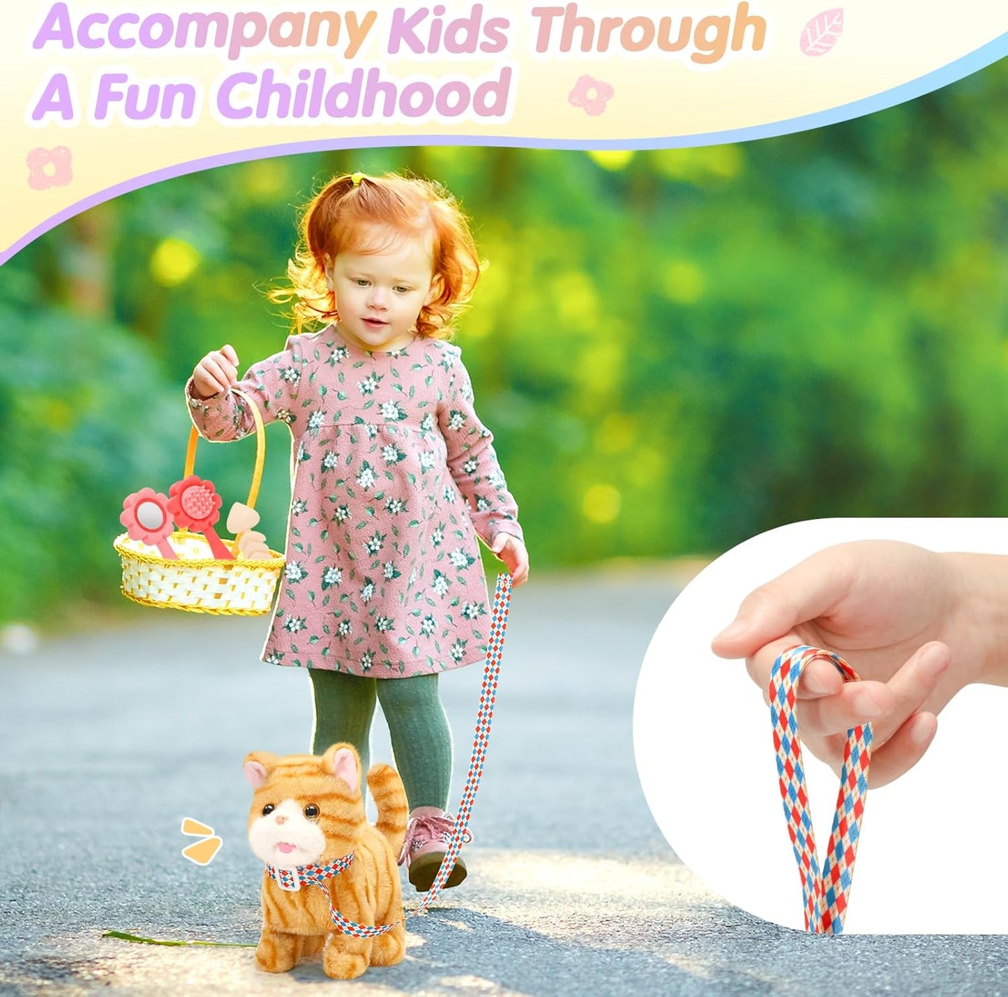 Plush Toys Cat for Kids with Leash, Interactive Electronic Kitty That Walking,Meowing, and Tail Wagging, Stuffed Cat Christmas Birthday Gift for Boys and Girls