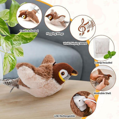 Flappy Bird Cat Toy for Indoor Cats, Simulated Chirping Flapping Wings Bird, Interactive Catnip Toys, Plush Kitten Exercise Toys (Brown Sparrow)