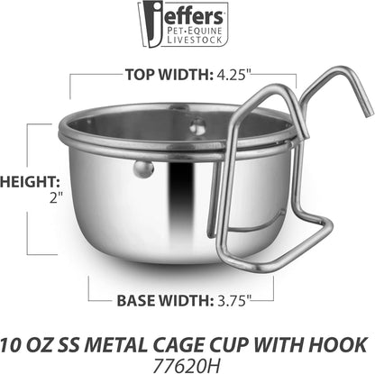 Jeffers Pet Stainless Steel Cage Cup Pet Feeder with Hooks for Birds, Rabbits, Ferrets, Kittens & Small Animals – Hanging Food Water Bowl Dish for Cages, Crates, Kennels - Dishwasher Safe - 10 oz