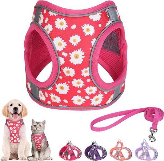 Step in Dog Harness and Leash Set, Flower Adjustable Easy Walk Puppy Harnesses, Soft Mesh Pet Vest Harness Small Size Dog Adjustable No Pull Dog Harness for Small Medium Dogs(Rose red, S)