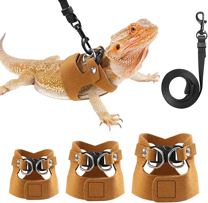 Pawaboo Adjustable Bearded Dragon Harness and Leash, 3 Size Leather Reptile Leash Outdoor Harness Leashs with Bat Wings for Lizard Reptiles Amphibians Small Pet, Small/Medium/Large, Brown