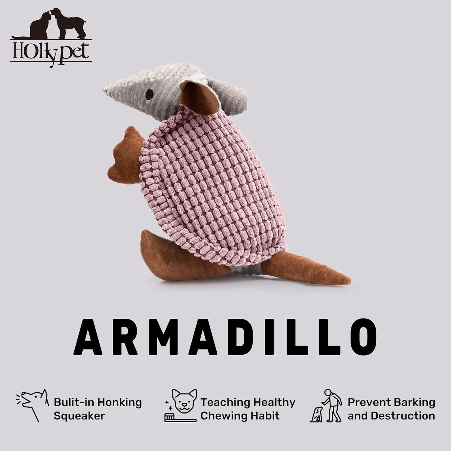 Hollypet Plush Dog Squeaky Toy Stuffed Armadillo Animal Pet Puppy Chew Toys with Clean Teeth for Small Medium Large All Breed Sizes Dogs, Pink, 14 in