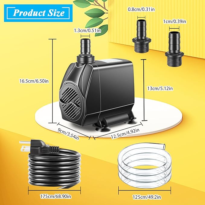 Submersible Pump, Small Fountain Pump with Tubing, Submersible Water Pump for Aquarium Fish Tank Indoor or Outdoor Pond Fountain Hydroponics Statuary (80W 1700GPH, No Led Light)