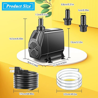Submersible Pump, Small Fountain Pump with Tubing, Submersible Water Pump for Aquarium Fish Tank Indoor or Outdoor Pond Fountain Hydroponics Statuary (80W 1700GPH, No Led Light)