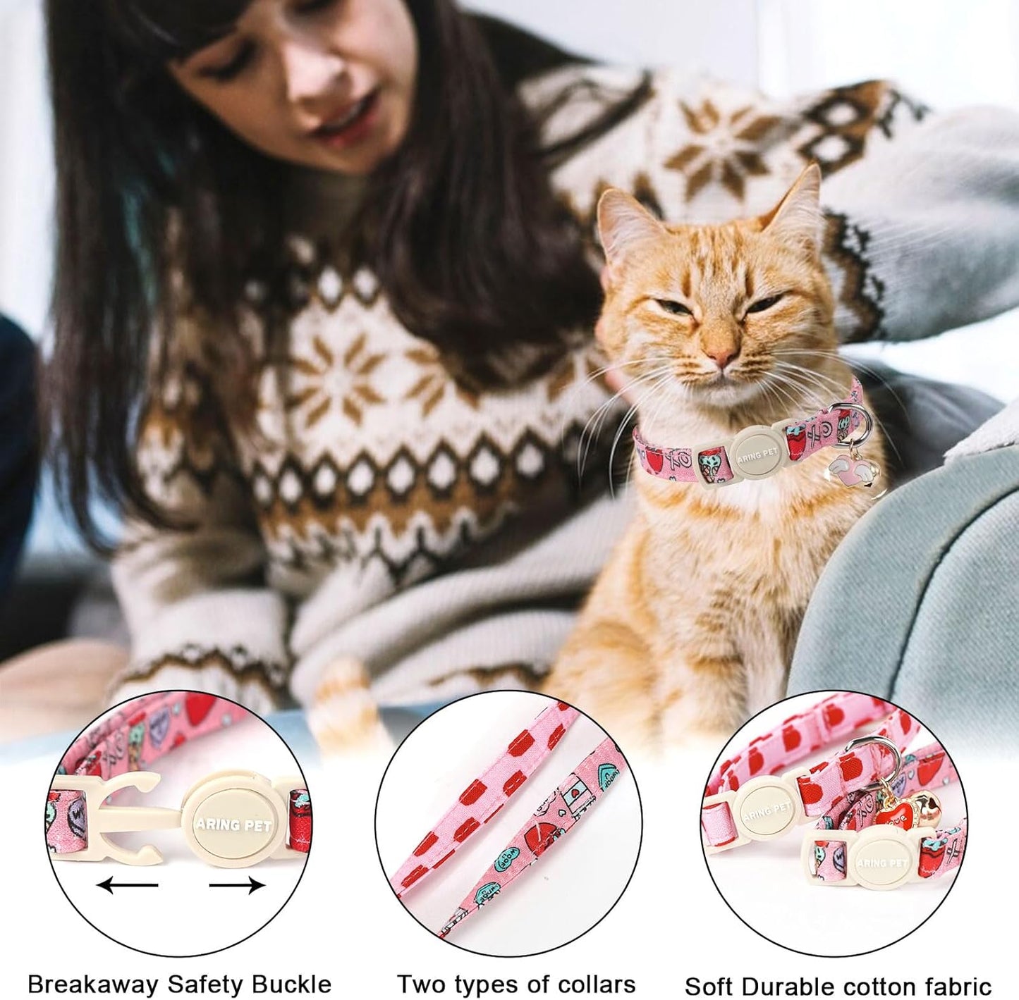 ARING PET 2 Pack Valentine's Day Cat Collars-Cute Heart Cat Collar Breakaway with Bell&Pendant, Adjustable Valentine Kitten Collars with Safety Buckle for Girl and Boy Cats