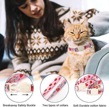 ARING PET 2 Pack Valentine's Day Cat Collars-Cute Heart Cat Collar Breakaway with Bell&Pendant, Adjustable Valentine Kitten Collars with Safety Buckle for Girl and Boy Cats