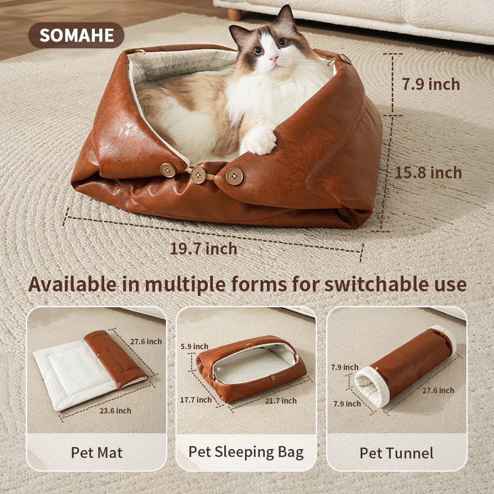 Cat Beds for Indoor Cats Dog Bed for Small Dogs 5 in 1 Function - Leather Mats Bed Cave Pillow Pad for Puppy & Kitten Four-Season 27.5 * 35.4inch Black