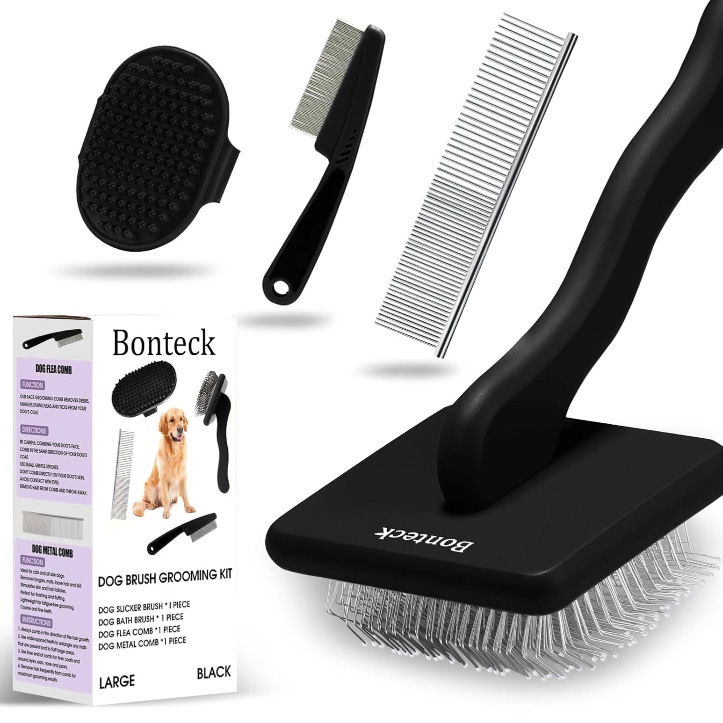 Dog Slicker Brush for Dogs Grooming Kit 4PCS | Large Dog Brush for Goldendoodles Poodles Doodles | Long Pin Haired Brush | Poodle Brushes and Comb (Black)