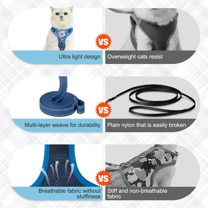 BEAUTYZOO Cat Harness and Leash Set for Walking Escape Proof, Neck Release Adjustable Harness for Kitten Puppy Small Medium Large Cats, Soft Cute Easy Control Small Cat Harness for Cats Boy and Girls