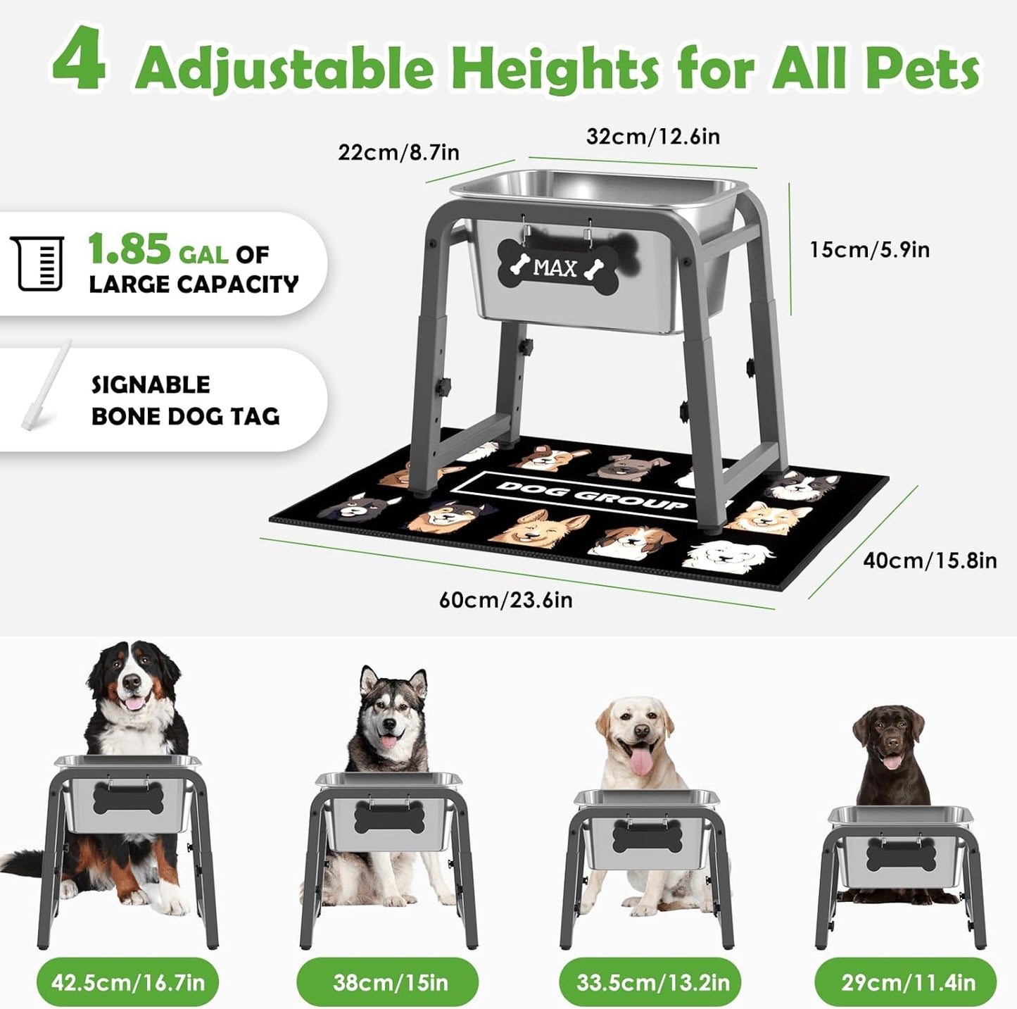 1.85 Gallon Elevated Dog Water Bowl, Height Adjustable (11–17'') Raised Stainless Steel Bowl with Spill-Proof Mat & Sturdy Metal Stand, Tip-Proof, Easy to Clean, Indoor & Outdoor Use