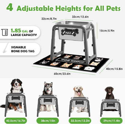 1.85 Gallon Elevated Dog Water Bowl, Height Adjustable (11–17'') Raised Stainless Steel Bowl with Spill-Proof Mat & Sturdy Metal Stand, Tip-Proof, Easy to Clean, Indoor & Outdoor Use