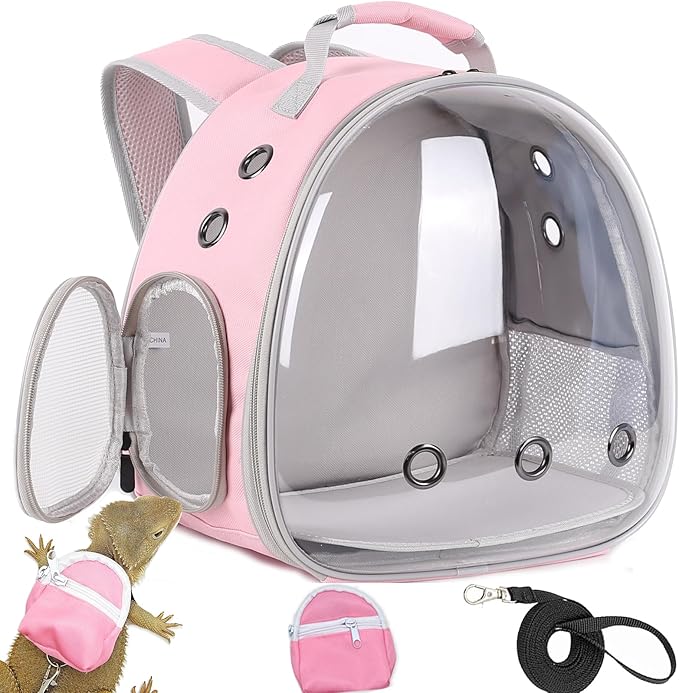 Leopard Gecko Backpack Carrier,Reptile Portable Backpack Carrier with Small Backpack Harness Leash Set,Space Capsule Clear Bubble Window Travel Backpack for Lizard Travel,Guinea Pig,Rabbit