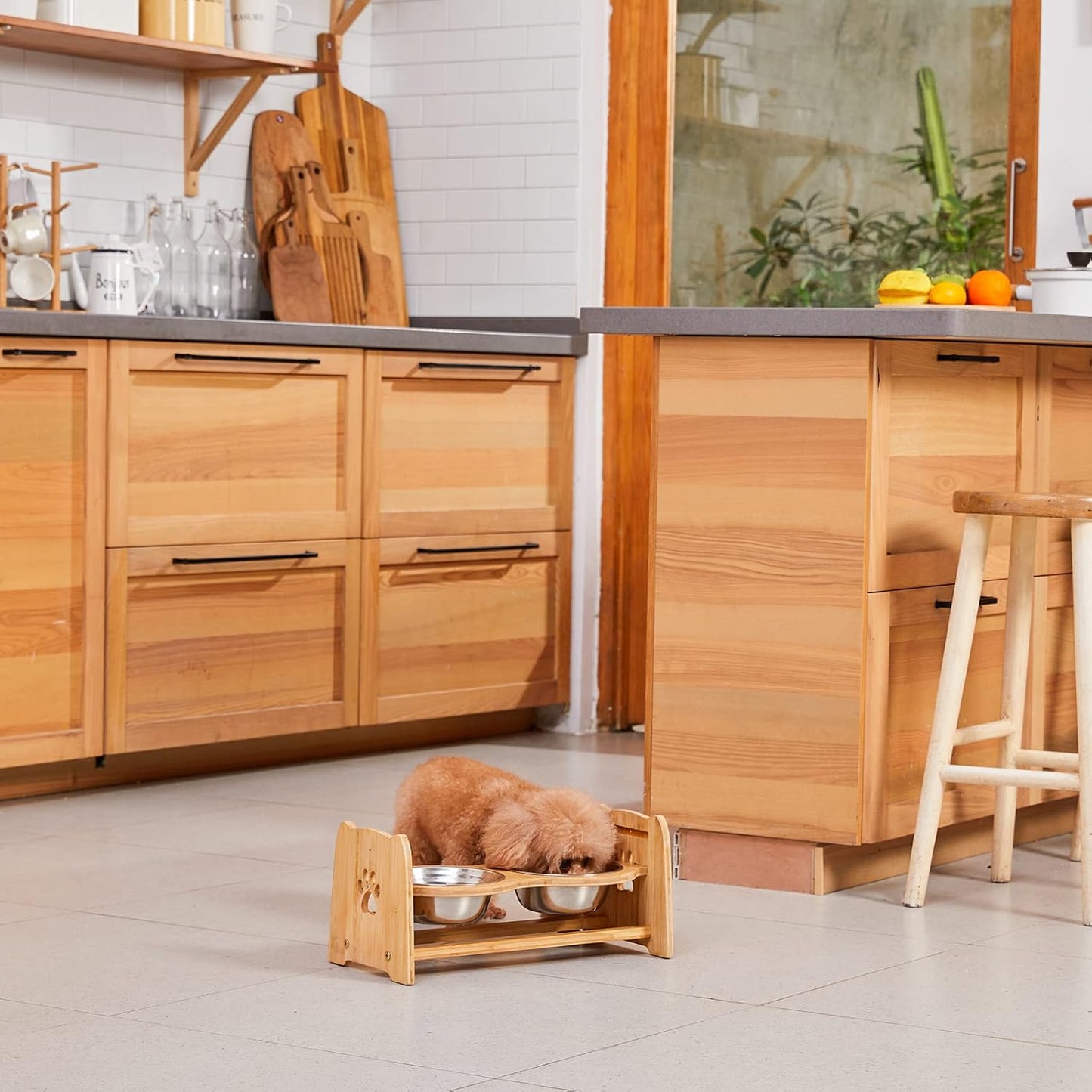 X-ZONE PET Elevated Dog Bowls for Cats and Dogs, Adjustable Bamboo Raised Dog Bowls for Medium Dog, Food and Water Set Stand Feeder with 2 Stainless Steel Bowls and Anti Slip Feet (Height 4.7" to 7")