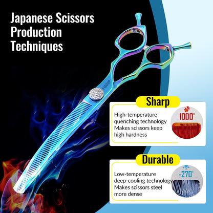 Professional Curved Thinning Shears Dog Grooming Scissors 7.5'' Blue Green Curved Thinner Scissors for Grooming Large Dogs Pet 56 Teeth Japan 440C(Curved Thinner,Turquoise)