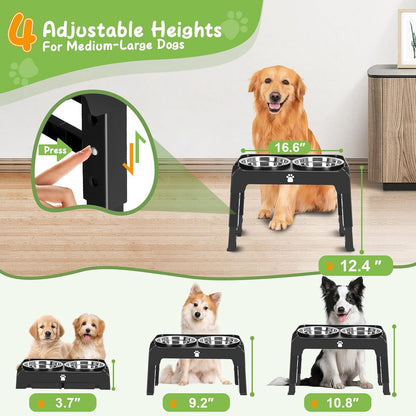 Elevated Bowls with Adjustable Heights - Raised Stand with 2 Stainless Steel Food Bowls, Non-Slip Foldable Feeder for Medium Large Dogs, Adjusts to 12.36", 10.75", 9.2", 3.7", Black