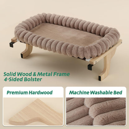 Zakkart SnugCloud Cat Window Perch with 4-Sided Bolster - Orthopedic Cat Hammock for Window Sill - Solid Hardwood & Metal Frame - Window Seat for Pets (Natural Color Wood w/Brown Bed, Medium)