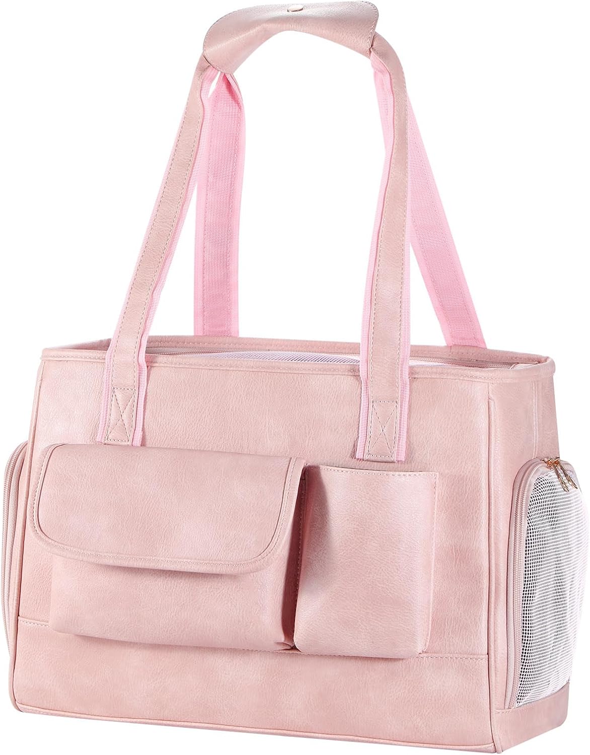 Dog Carrier Purse, Fashion Leather Pet Carrier Bag, Airline Approved Soft Sided Cat Travel Tote Bag with Pockets Pink