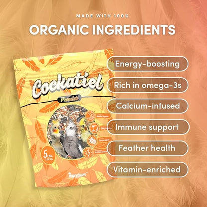 Mycelium Cockatiel Premier Bird Seed (5 LB Bag) | Organic Bird Food Fortified with Vitamins for Immunity, Energy & Digestion | Dust-Free, Daily Nutrition for Pet Birds | Non-GMO, USA Made