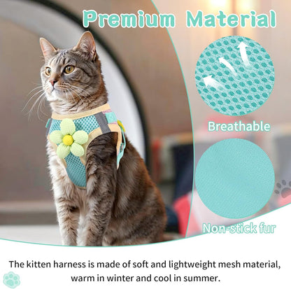 Cat Harness and Leash Set for Walking Escape Proof, Adjustable Kitten Harness Breathable Mesh with Reflective Strips Harness with Flower for Kitty Puppy Bunny Green S