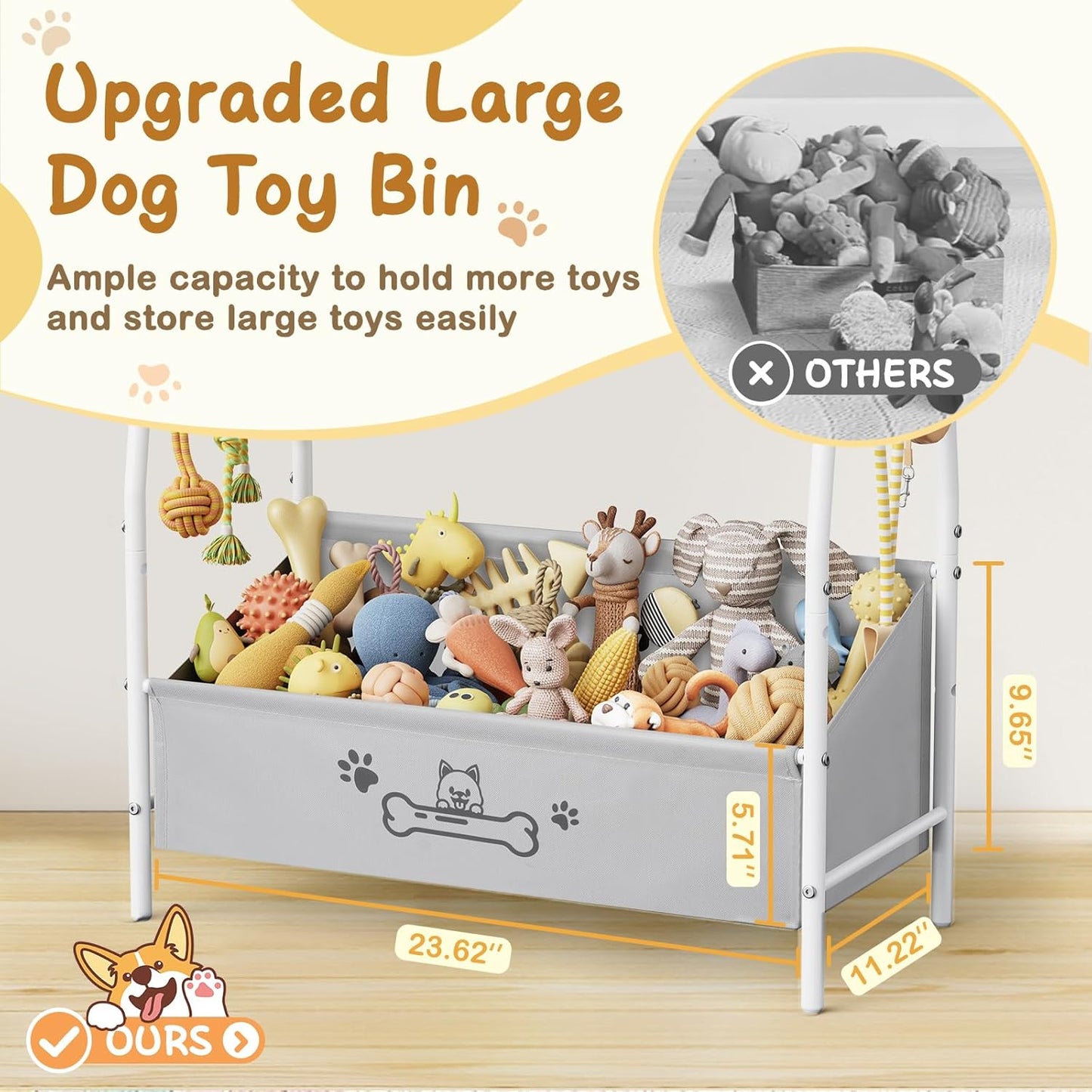 Large Dog Toy Basket (23.6"x11.2"x9.7"), Dog Toy Bin with Storage Organizer, Trapezoid Dog Toy Box for Dog Stuff, Toy Holder Chest for Pet Dog Cat, Dog Essentials for Dog Accessories