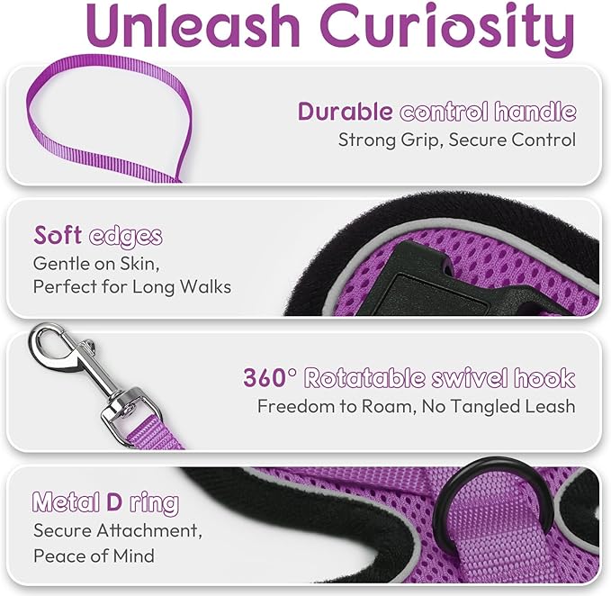 Dooradar Cat Harness and Leash Set, Escape Proof Safe Adjustable Kitten Vest Harnesses for Walking, Easy Control Soft Breathable Mesh Jacket with Reflective Strips for Cats, Purple, XXS