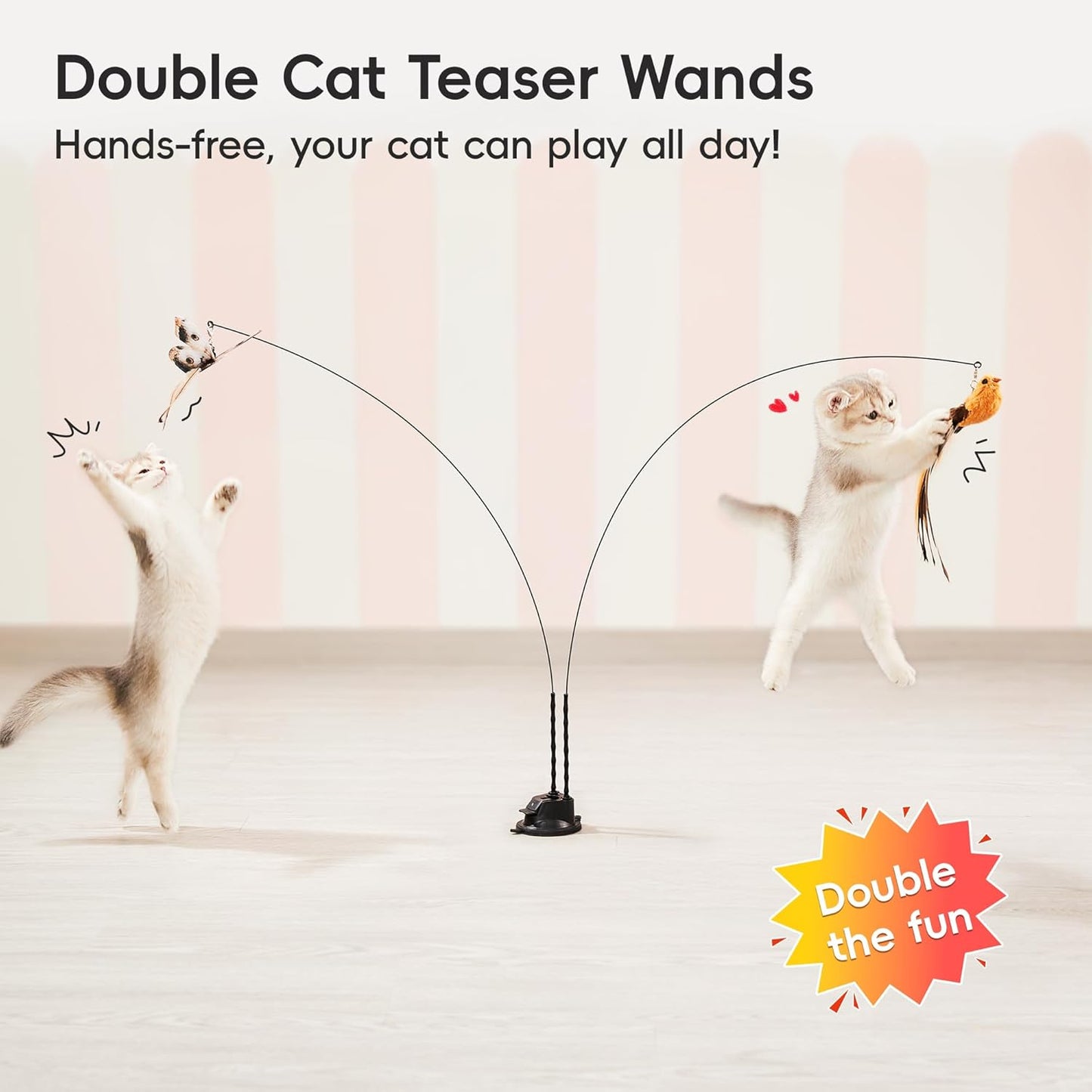 Potaroma Suction Cup Cat Wand Toys, Dual-Wand Interactive Kitten Toy for Indoor Cats with 5 Pcs Feathers Balls Attachments, Charcoal Base