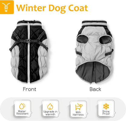 Dog Winter Coat with Harness, Dog Jacket, Pet Clothes with Zipper on Back, Waterproof Windproof Warm Vest, Reflective Cold Weather Coats, for Small Medium Large Dogs, Thick, Black, 3XL