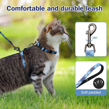 Hikiko Cat Harness and Leash Set Escape Proof Adjustable Walking Travel Soft Boy Kitten Harness for Small Medium Large Cats (Blue Plaid, S)