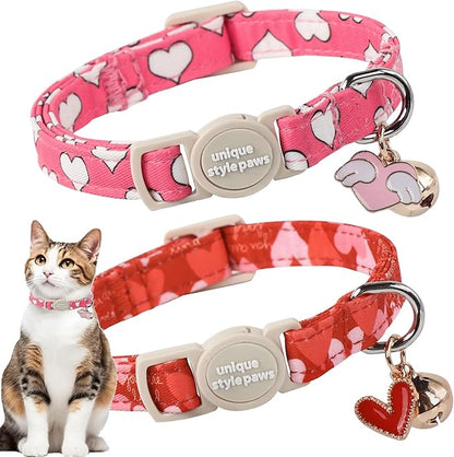 Unique style paws 2 Pack Valentine's Day Kitten Collar Breakaway with Bell&Pendant, Adjustable Safety Red Lip Rainbow Cat Cotton Collar for Girl Boy Cat and Small Pet