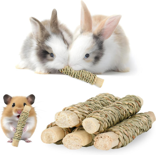 Rabbit Chew Sticks 5pcs, Natural Seagrass Sweet Bamboo Molar Sticks Toys for Bunny Guinea Pig Chinchilla Hamster