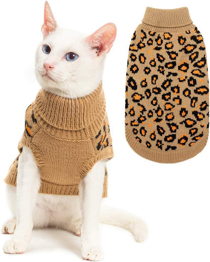 Mihachi Winter Warm Cat Sweater Turtleneck Puppy Pets Sweater Knit Vest Fashion Leopard for Cats Puppy Small Animals Brown Small
